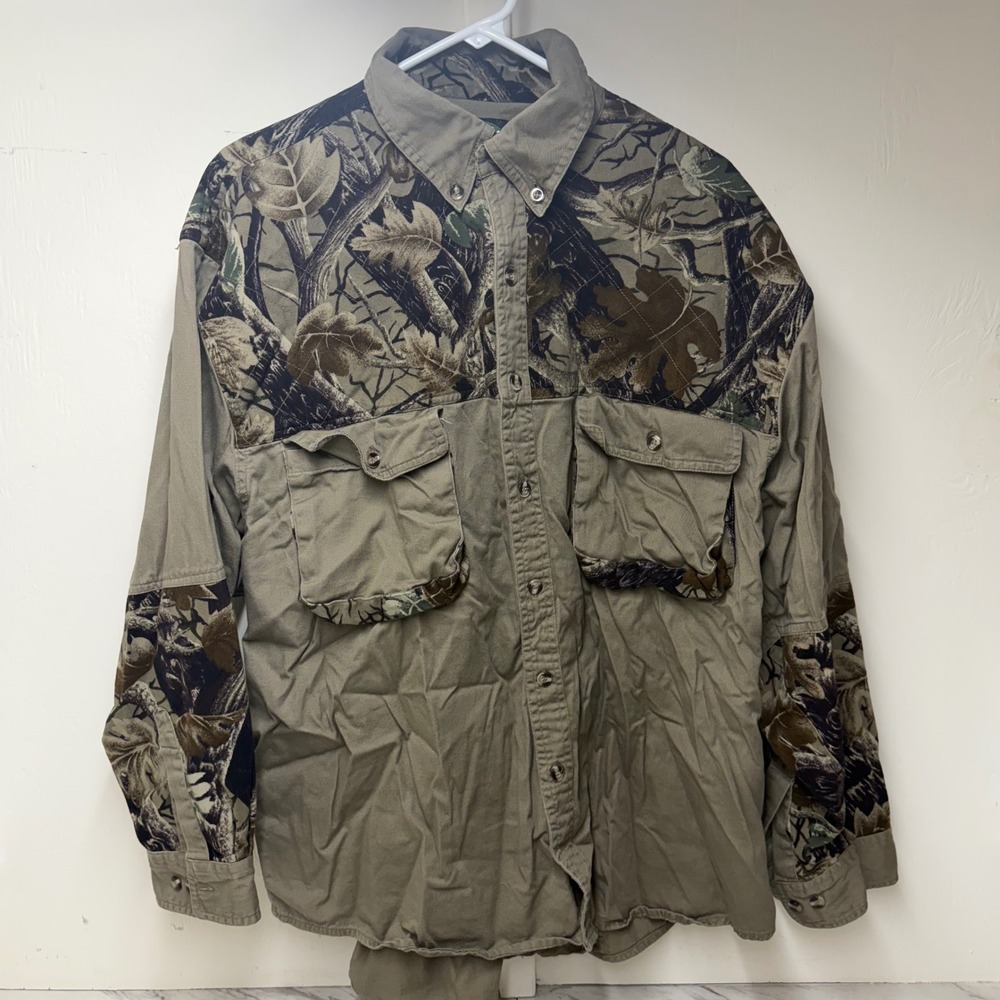 Master Sportsman Mens XL Camo Patch Hunting Shirt Olive Drab Long Sleeve Utility